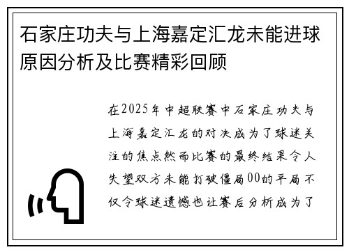 石家庄功夫与上海嘉定汇龙未能进球原因分析及比赛精彩回顾