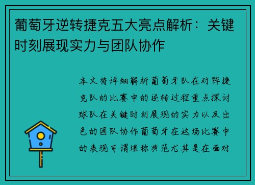 葡萄牙逆转捷克五大亮点解析：关键时刻展现实力与团队协作